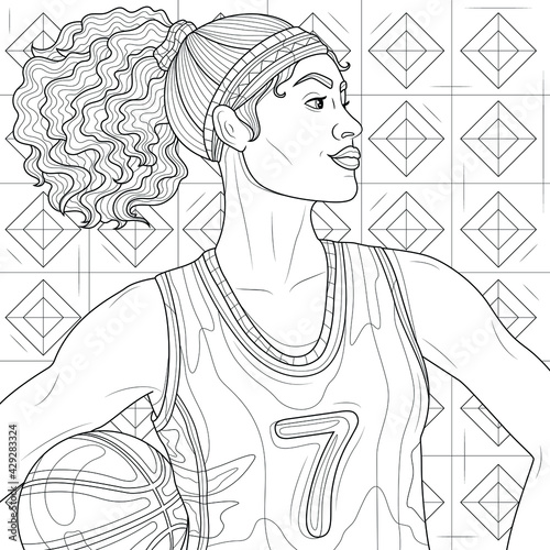 Girl basketball player.Coloring book antistress for children and adults. Illustration isolated on white background.Zen-tangle style. Hand draw