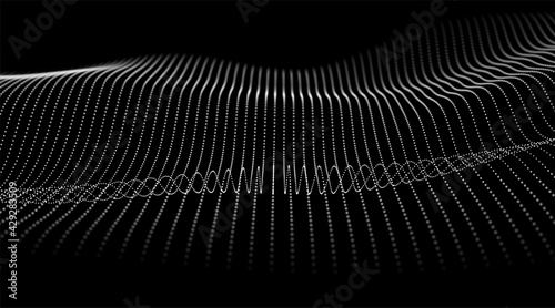 Abstract white particle background. Flow wave with dot landscape. Digital data structure. Future mesh or sound grid. Pattern point visualization. Technology vector illustration.