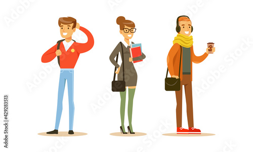 University and College Students in Casual Wear Standing with Books and Bags Vector Set