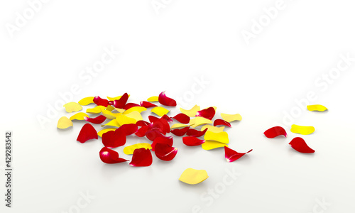 Yellow and red rose petals lie on the reflective white floor