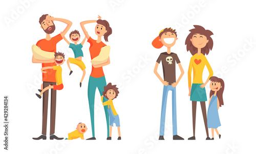 Family Members with Happy and Exhausted Parents Feeling Tired Vector Set