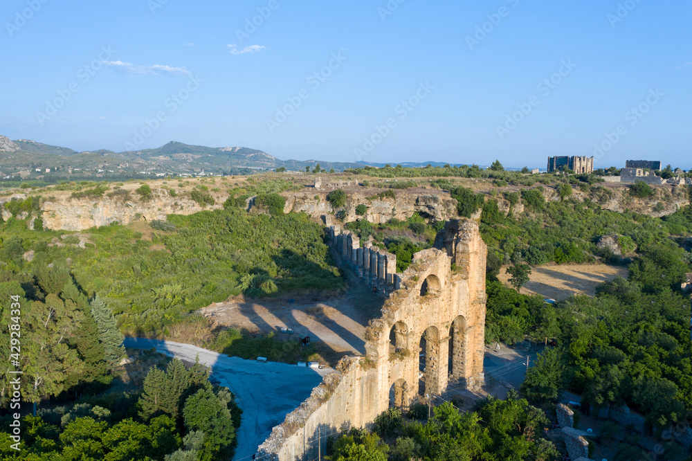 Aqueducts in the ancient city of Aspendos in Antalya, Turkey. Aerial View