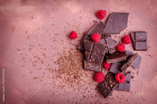 Wallpaper Mural Dark chocolate bar with raspberry. Close-Up of raspberries with chocolate bars. Copy space. Torontodigital.ca