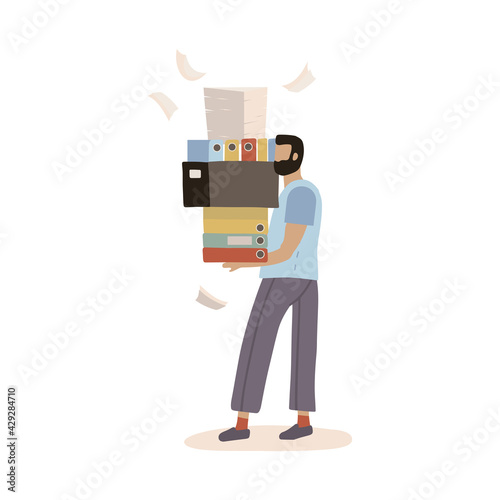Stressed employee worker holding big pile of office folders, documents. Overworked man with stacks of papers. Stress at work. Bureaucracy, paperwork, big data concept. Vector flat trendy illustration.