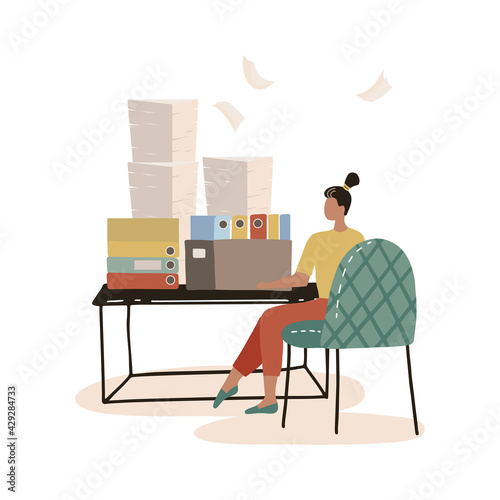 Busy secretary sitting at desk with stack of folders and pile of papers isolated flat vector illustration. Cartoon overworked clerk woman working in office. Workaholic and workplace concept.