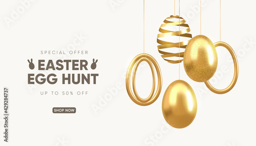 Gold 3d decorative eggs composition. Easter holiday vector illustration.