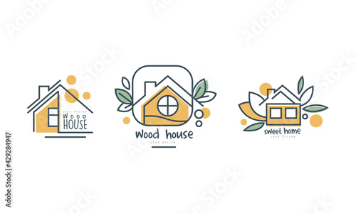 Eco Home or Eco-house Logo Design with Green Leaf Vector Set