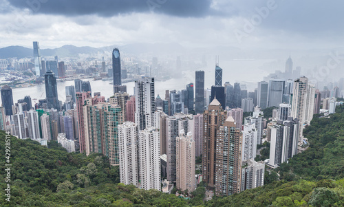 Hong Kong skyline, aerial city view in a cloudy day