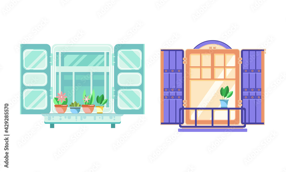 Hinged or Sash Window with Shutters and Flower Pot Rested on Sill Vector Set. Hinged or Sash Window with Shutters and Flower Pot Rested on Sill Vector Set.