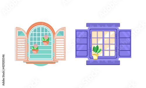 Hinged or Sash Window with Shutters and Flower Pot Rested on Sill Vector Set.