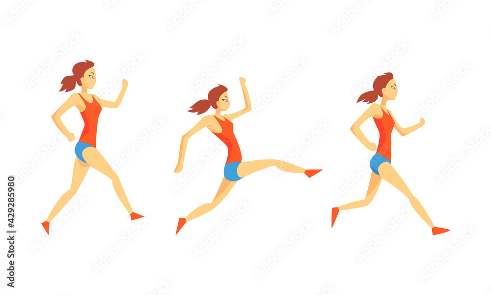 Young Female Running Marathon Sprinting Forward Vector Set