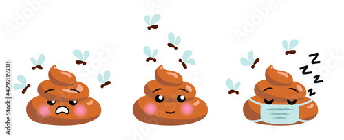 Shit or turd emoji vector icon set with flies and medical mask, isolated illustration in flat cartoon and kawaii style