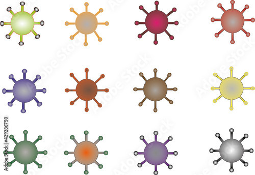 Wirus SARS-COV-2, Covid-19. Wizualizacja zawierająca dwanaście wariantów kolorystycznych.
