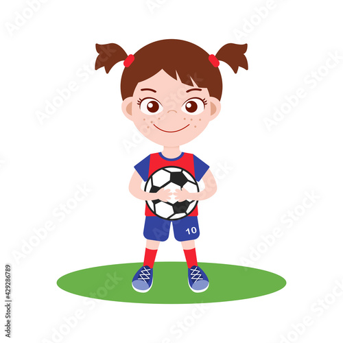 Girl in uniform with soccer ball vector. Isolated on white background. Cute cartoon kid character. Kids sports club. Soccer classes. European football. Active outdoor activity for kids concept.
