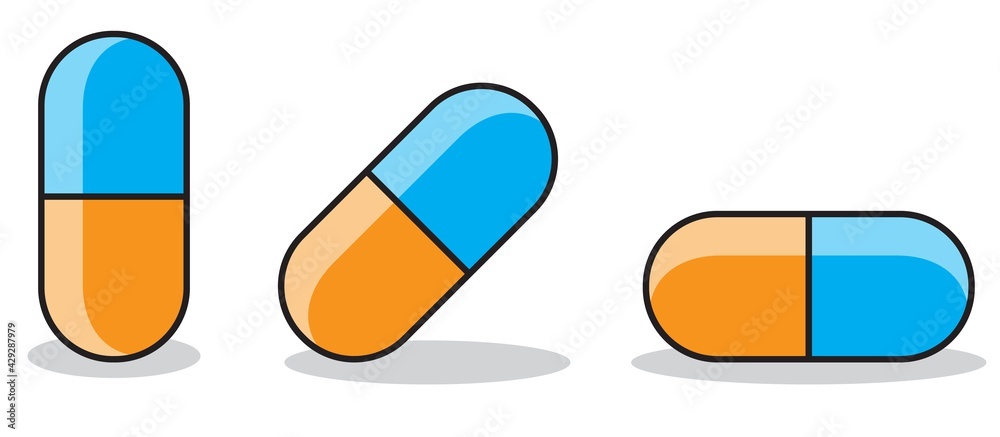 Collection of multicolored capsules pills. Medicine objects. Set of vectors