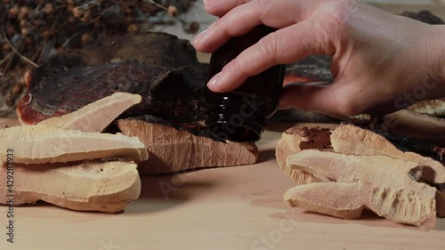 Ganoderma lucidum capsules with dark bottle  with sliced Ganoderma Lucidum mushroom (also called as Reishi mushroom or Lingzhi mushroom) on wooden background. Chinese herbal medicine