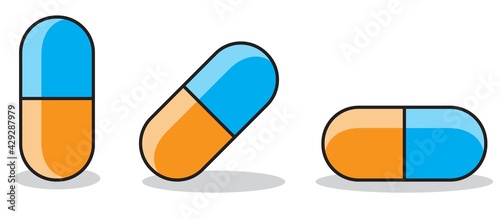 Collection of multicolored capsules pills. Medicine objects. Set of vectors