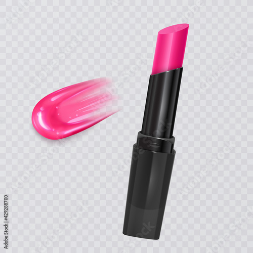 Realistic lipstick and liquid lipstick on transparent background, bright pink lipstick