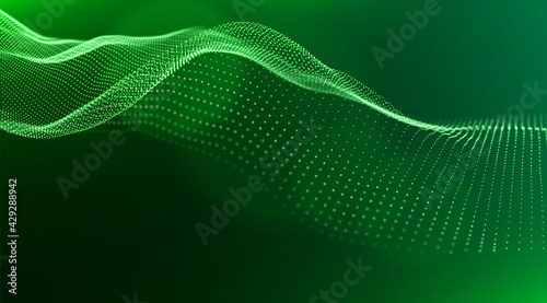Abstract green particle background. Flow wave with dot landscape. Digital data structure. Future mesh or sound grid. Pattern point visualization. Technology vector illustration.