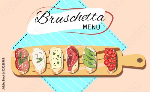 Bruschetta on a long cutting board placed on blue napkin. Vector bruschetta menu illustration.