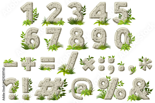 Numbers, punctuation marks with leaves and grass. Stone age character digits isolated on white background. Cartoon old gray rock font. Vector prehistoric objects. 