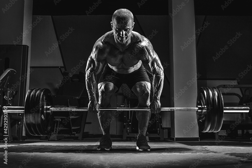 Fototapeta Muscular man trains in the gym with a barbell in his hands. Deadlift. Bodybuilding concept.