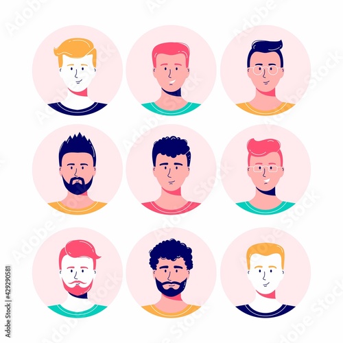 Smiling men avatar set. Different guys characters collection. Isolated vector illustration. © Valentina