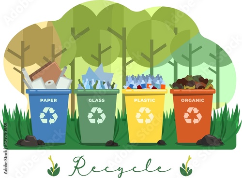 Vector. Recycle bin with recycle sign in the park.