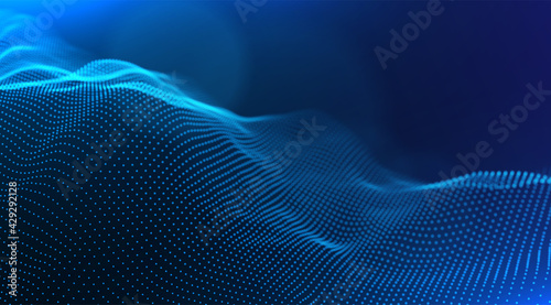 Wave of blue particles. Abstract technology flow background. Sound mesh pattern or grid landscape. Digital data structure consist dot elements. Future vector illustration.