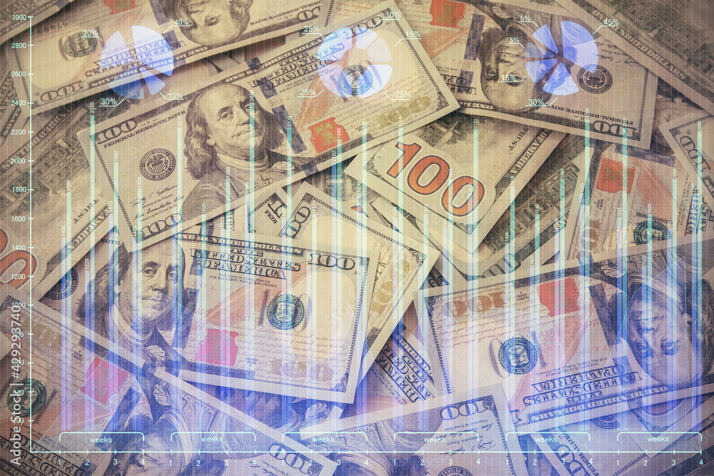 Multi exposure of forex chart drawing over us dollars bill background. Concept of financial success markets. Multi exposure of forex chart drawing over us dollars bill background. Concept of financial success markets.