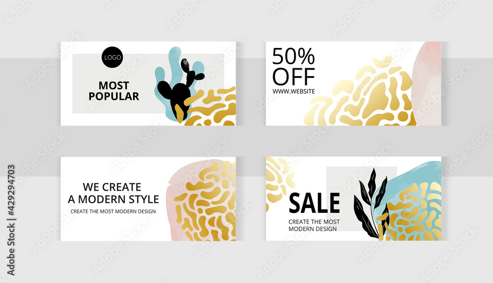 Botanical set of horizontal photo collage banners. Abstract gold leopard pattern shapes in boho style. Minimalism templates for social media posting and online advertising. Trend vector illustration.