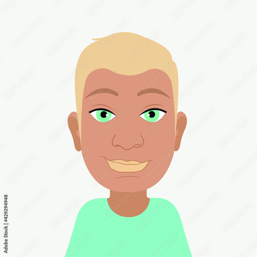 Avatar of a modern handsome young guy with blue eyes and blond hair. The character is on a gray background. Male image for printing on clothes, websites, applications, web banners. Vector graphics.