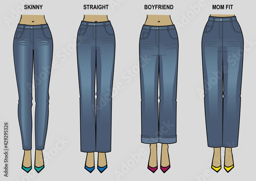 Women's denim fits. Trousers' silhouette different styles