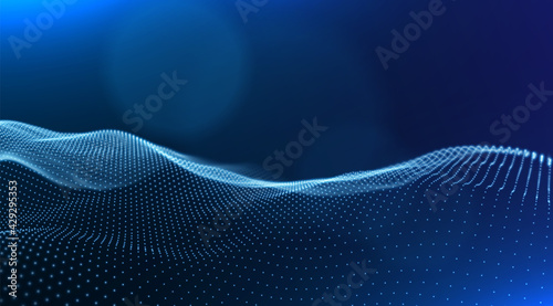 Dynamic blue particle wave. Abstract sound visualization. Flow digital structure. Mesh landscape or grid data technology.