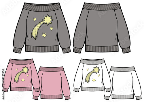 Vector illustration of shoulderless sweatshirt with comet print. Front and back views.