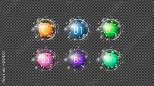 Abstract Vitamins symbols, signs, icons isolated on transparent background.