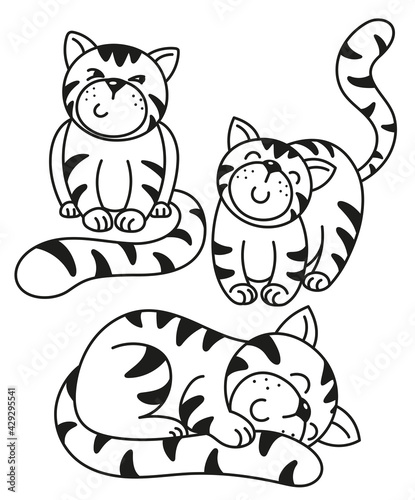 Fototapeta Naklejka Na Ścianę i Meble -  Cartoon vector set of cats, Coloring for kids