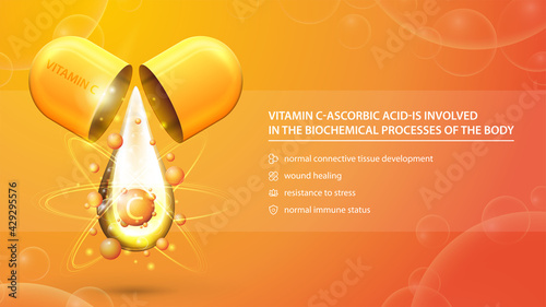 Vitamin C, orange information poster with abstractpill capsule with drop of vitamin C and list of benefits for health