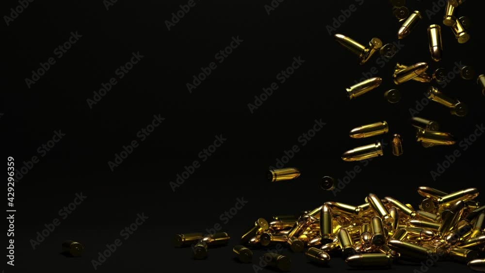 Realistic 3D Rendered 9mm Bullets Falling On Floor Into A Pile