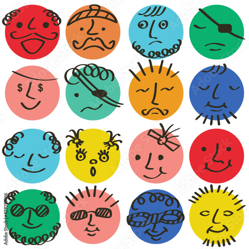 Round abstract colored comic faces with various emotions.