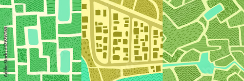 Vector illustration. Cartoon hand drawn style. Fields, lakes, buildings. Aerial view. Nature scene. Flat doodle concept. Design for social media template, banner. Dots, circles, shapes.