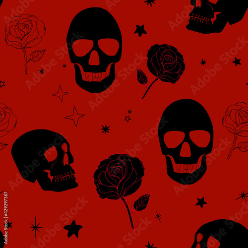 skull and roses seamless pattern. abstract monochrome background