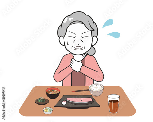 食事中のどに詰まらせる　高齢女性