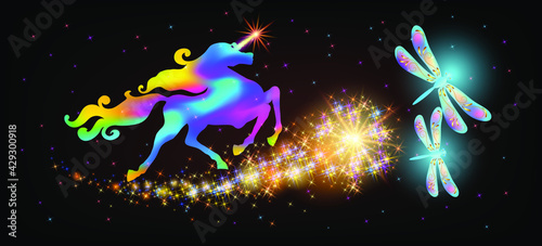 Galloping iridescent unicorn with luxurious winding mane and flying magic dragonfly against the background of the fantasy universe with sparkling stars.