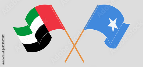 Crossed and waving flags of the United Arab Emirates and Somalia