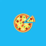 Tasty pizza with tomatoes and mashrooms top view. Vector illustration in flat style