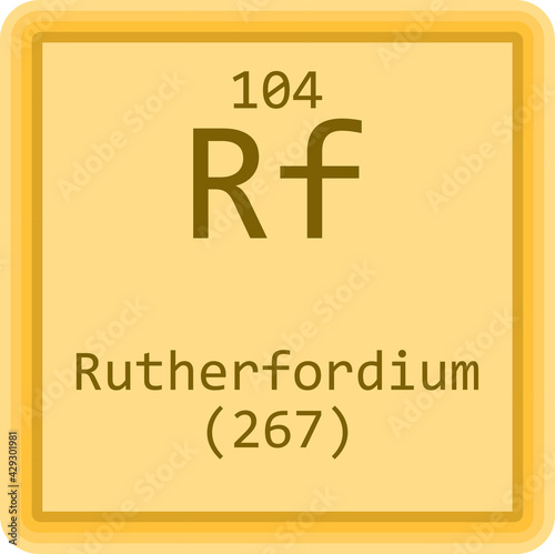 Rf Rutherfordium Transition metal Chemical Element Periodic Table. Square vector illustration, colorful clean style Icon with molar mass and atomic number for Lab, science or chemistry education.