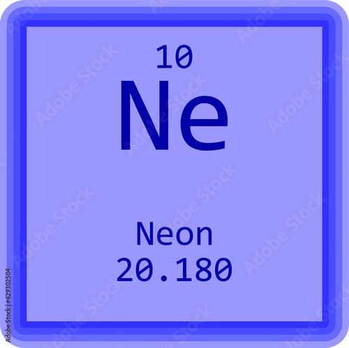 Ne Neon Noble gas Chemical Element Periodic Table. Square vector illustration, colorful clean style Icon with molar mass and atomic number for Lab, science or chemistry education.