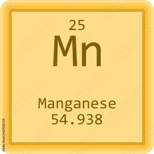 Mn Manganese Transition metal Chemical Element Periodic Table. Square vector illustration, colorful clean style Icon with molar mass and atomic number for Lab, science or chemistry education.