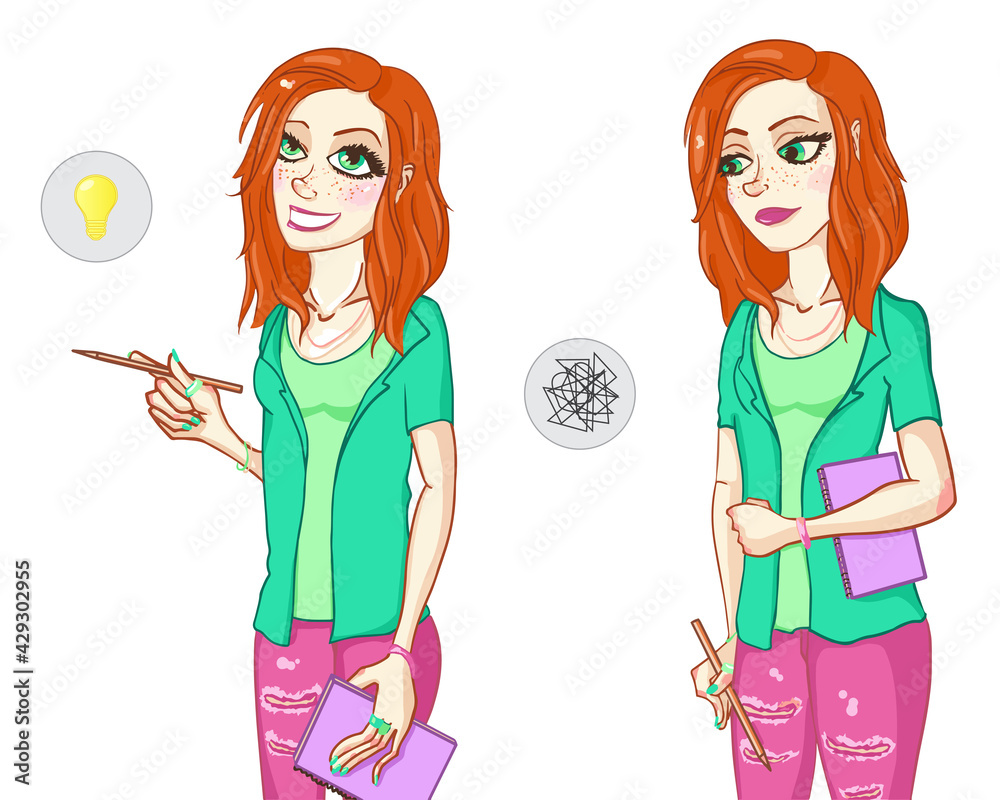 Funny red-haired girl. Back to school. Happy cartoon girl. Great idea Funny red-haired girl. Back to school. Happy cartoon girl. Great idea